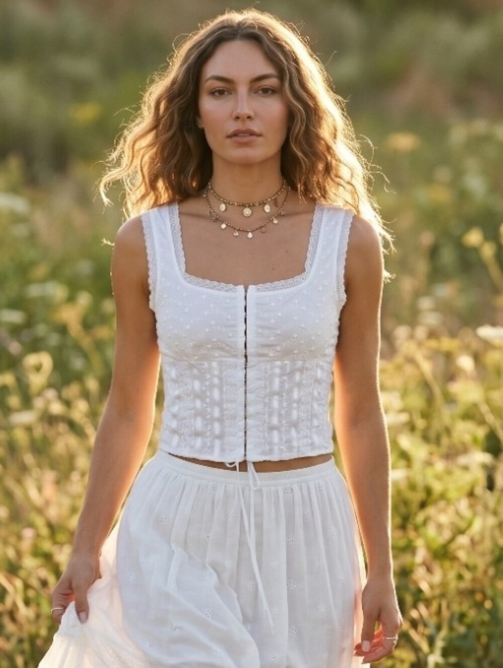 Women's White Eyelet Top with Lace Trim